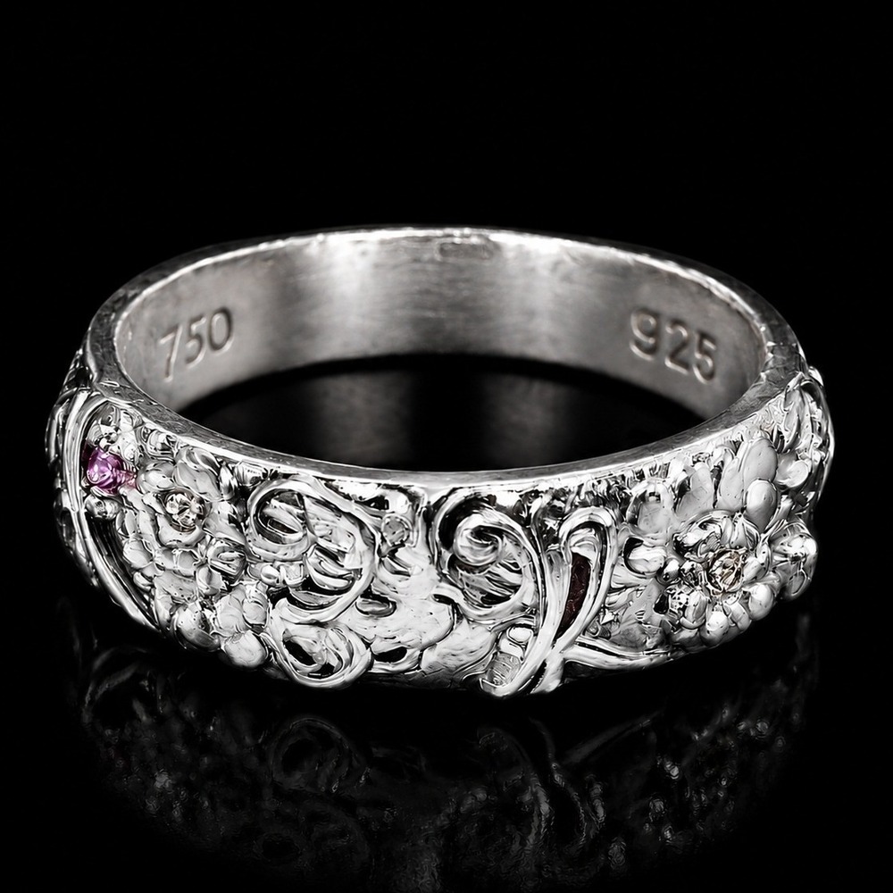 925 Sterling Silver 750 White Gold Floral Wide Band Ring Sz. 10 Estate Statement